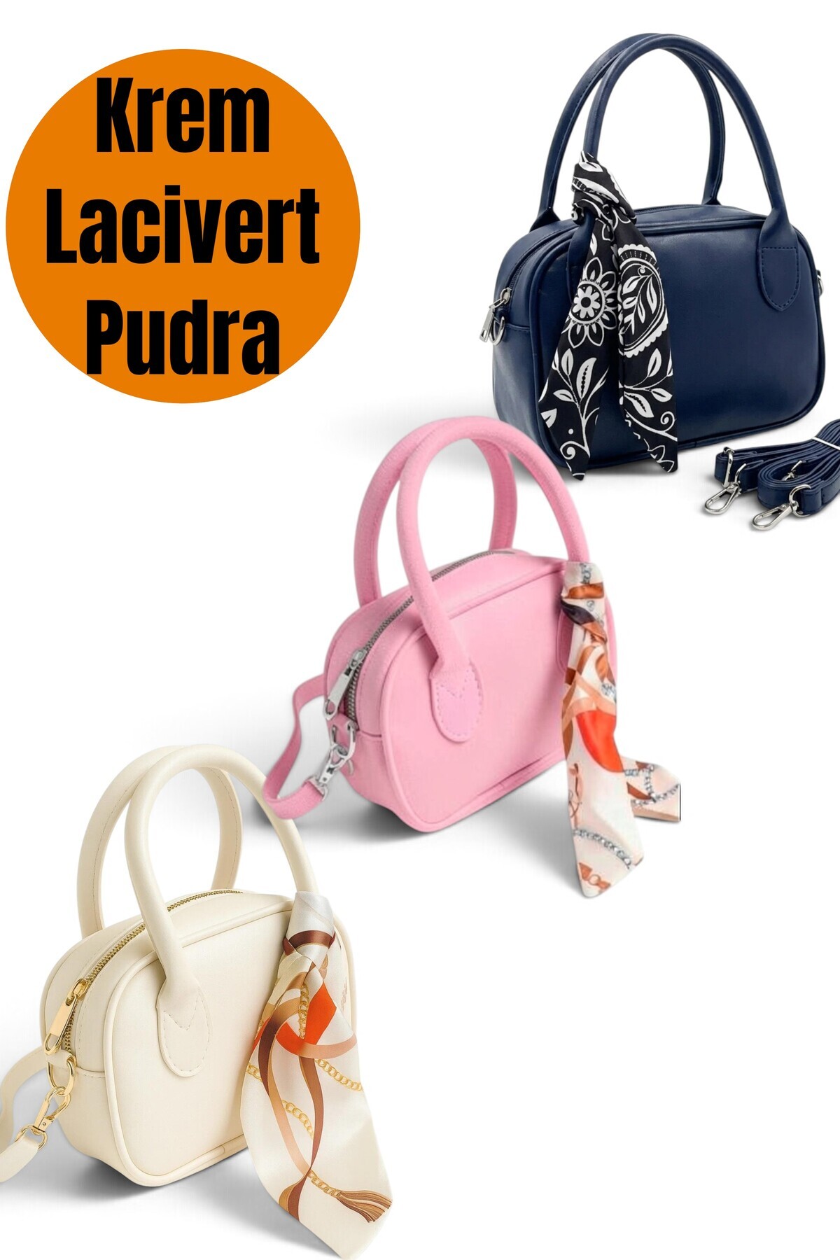 Morlex Lacivert Krem Pudra 3 lü Set Mini El & Omuz Çantası, Fular Hediyeli Suni Deri