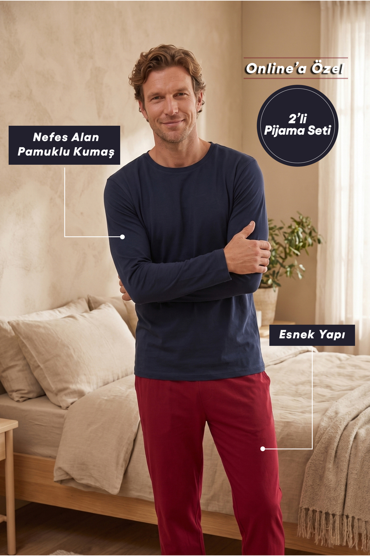 Kiğılı Bisiklet Yaka Uzun Kollu Beli Lastikli Cepli Pamuklu Esnek 2'li Pijama Seti