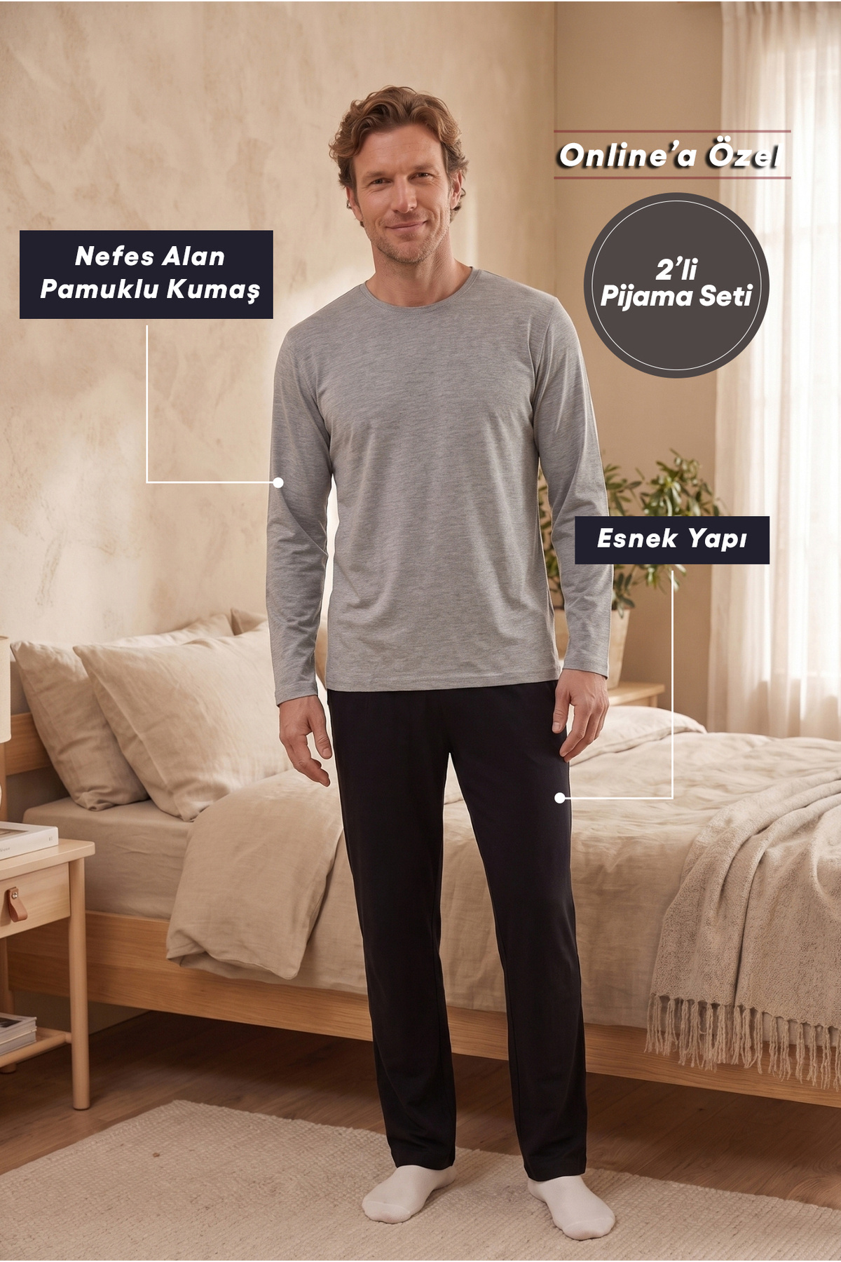 Kiğılı Bisiklet Yaka Uzun Kollu Beli Lastikli Cepli Pamuklu Esnek 2'li Pijama Seti