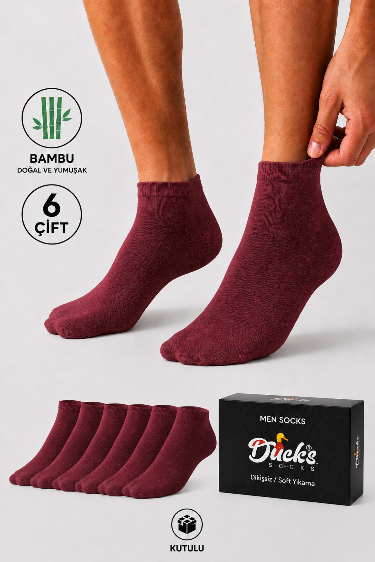 Erkek Bambu Patik Kutulu Çorap 6 Çift Dikişsiz Nefes Alabilir Terletmez Bordo