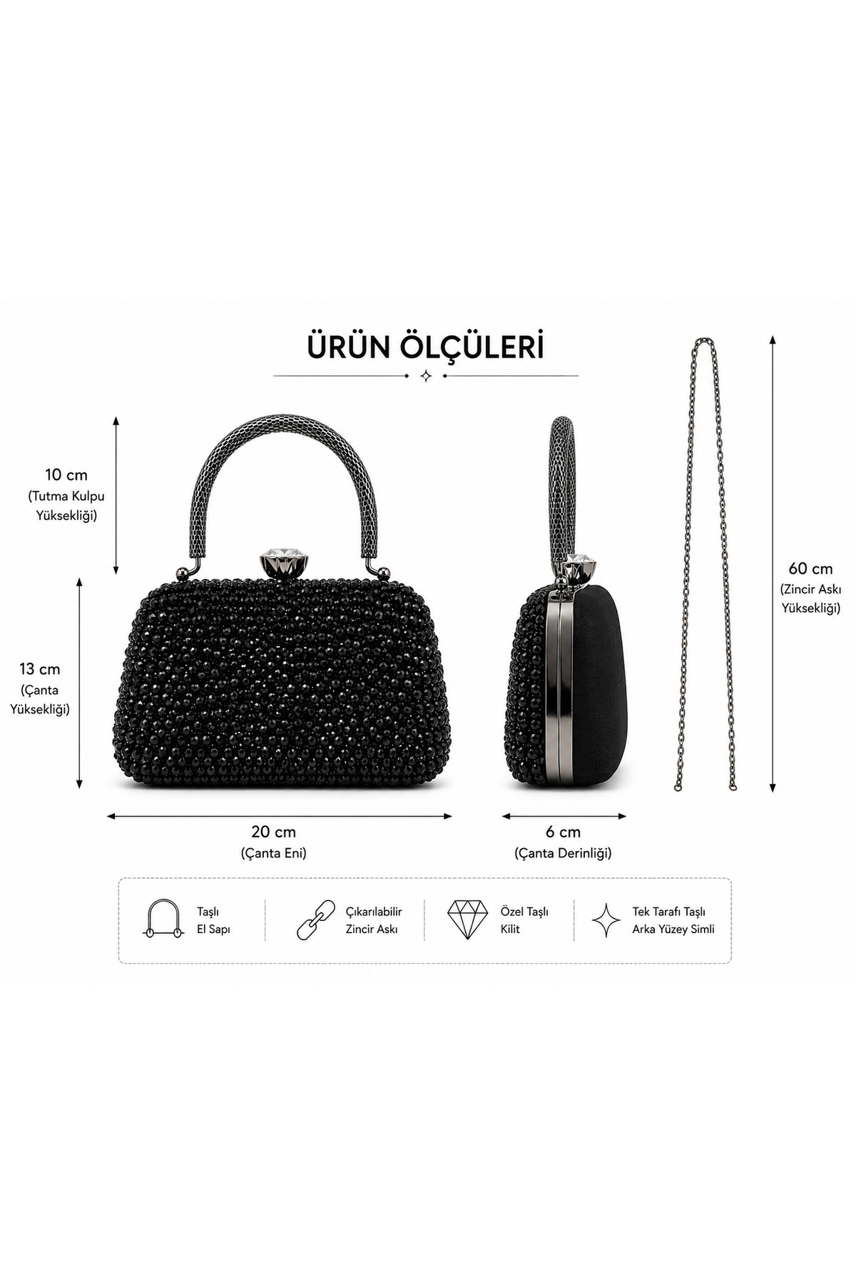 Dilora Kadın Siyah Kristal Taşlı Abiye Çanta Clutch Portföy Zincir Askılı Düğün Nişan Gece Çantası görsel 2