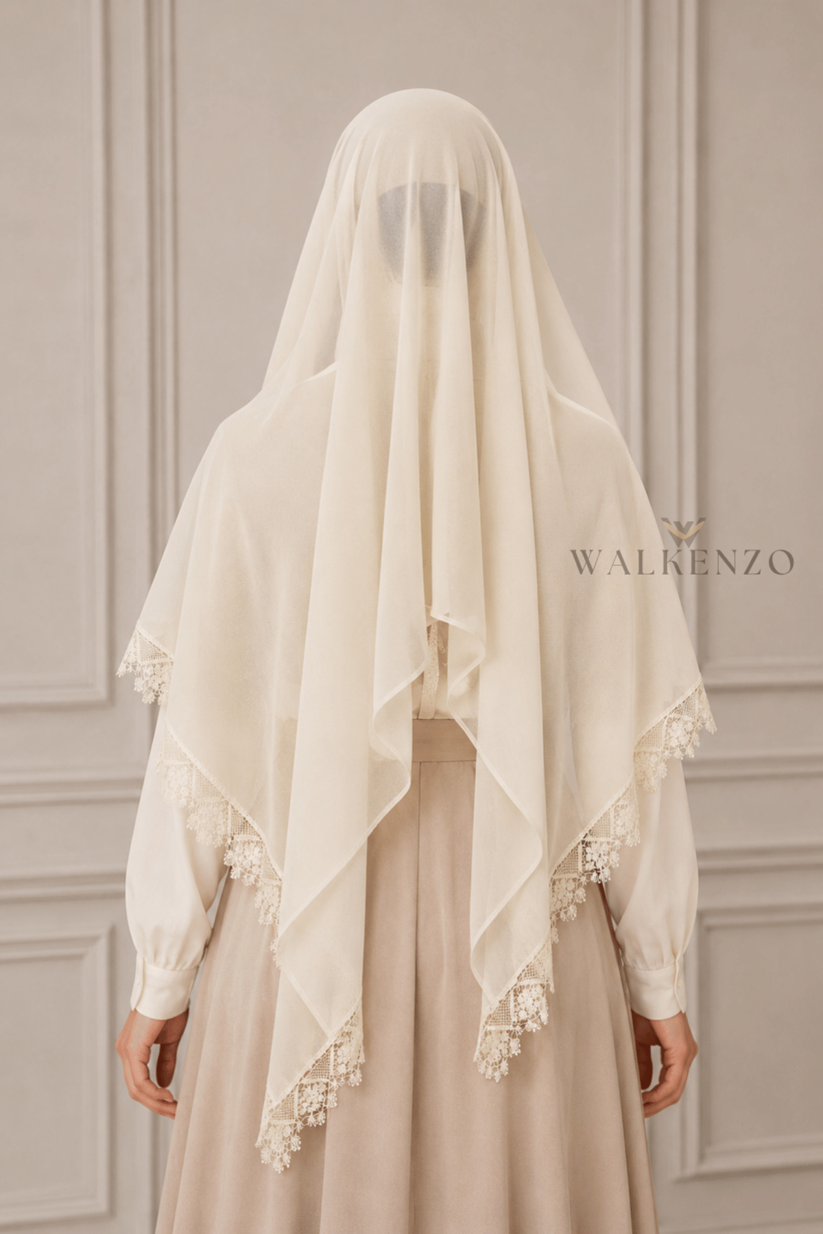 Walkenzo İğne Oyası El İşçiliği Gibi Mevlüt Örtüsü | Çeyizlik Namaz Başörtüsü Şal 70x150 cm- KIRIK BEYAZ (SEDEF) görsel 4