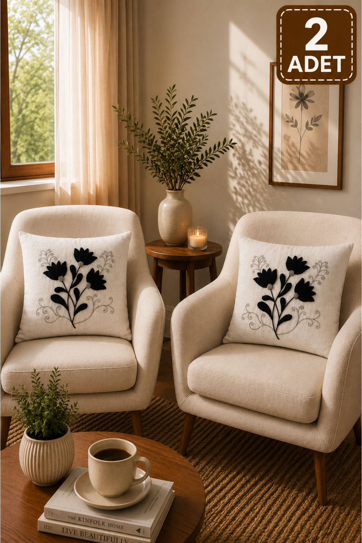 2 Adet Punch Kırlent Kılıfı 43x43 cm – Dekoratif Nakışlı Kırlent Seti