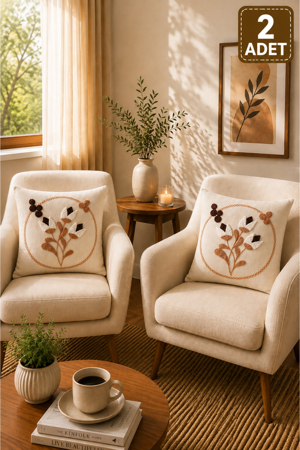 2 Adet Punch Kırlent Kılıfı 43x43 cm – Dekoratif Nakışlı Kırlent Seti