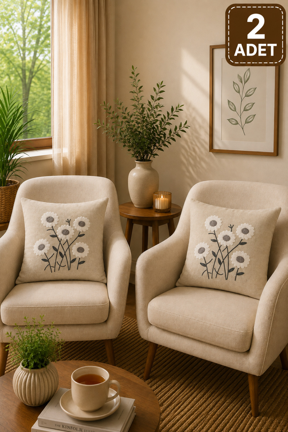 2 Adet Punch Kırlent Kılıfı 43x43 cm – Dekoratif Nakışlı Kırlent Seti