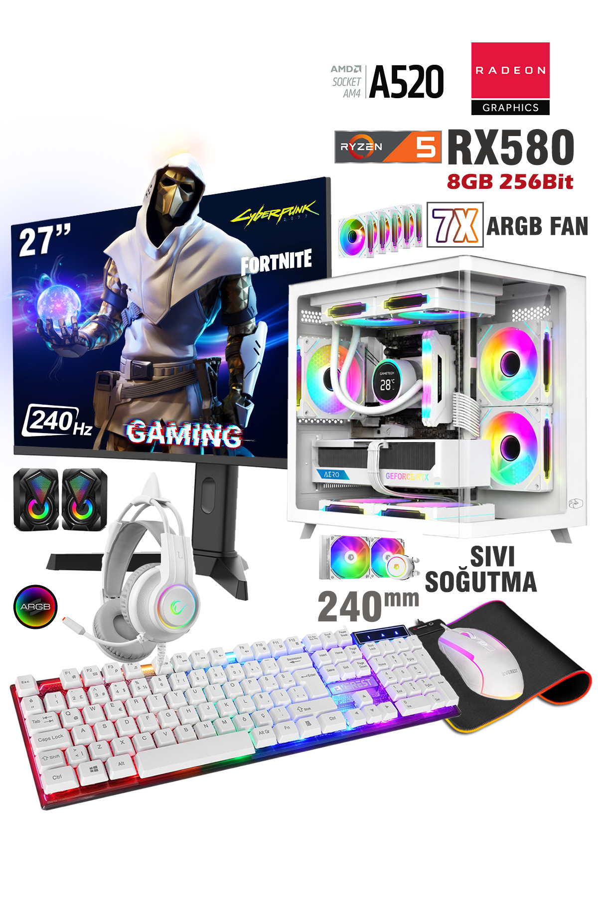 Zeiron Stinger X55 White Ryzen 5 5500 32GB RAM 1TB SSD RX580 8GB 27\" 240Hz Sıvı Soğutma Oyuncu Masaüstü Bilgisayar
