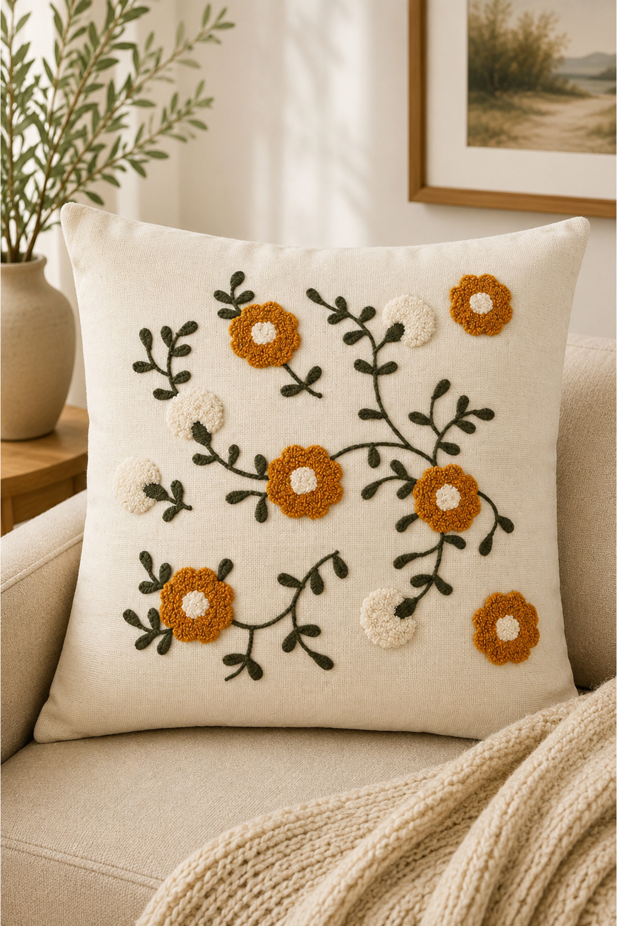 2 Adet Punch Kırlent Kılıfı 43x43 cm – Dekoratif Nakışlı Kırlent Seti
