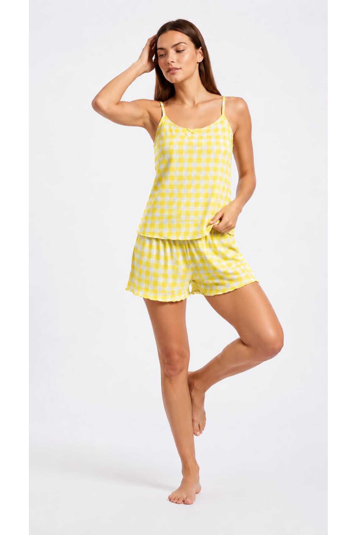Sude HOMEWEAR Kadın İp Askılı Bambu Ekoseli Şort görsel 3