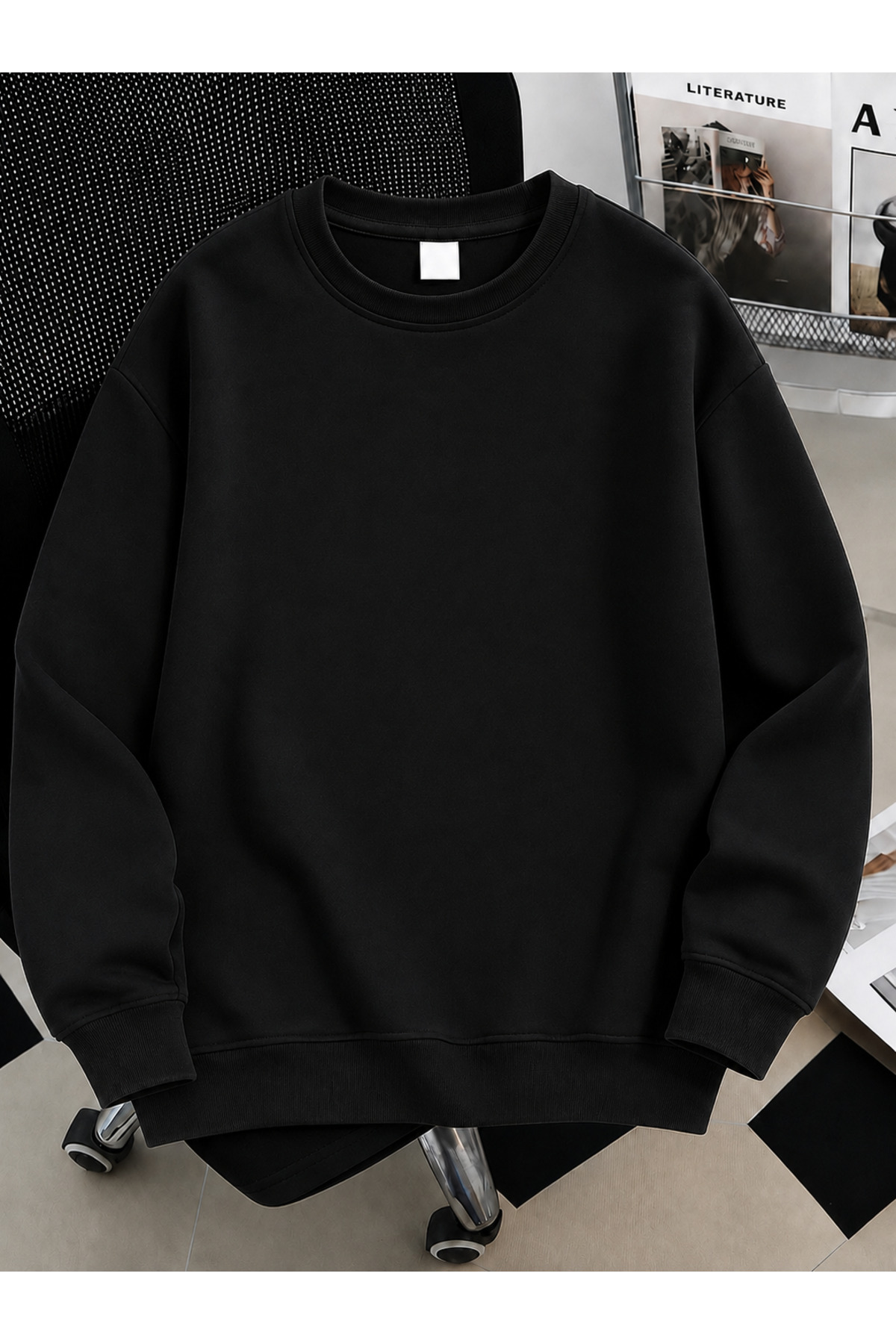 Revasser Unisex Kadın/Erkek Düz Renkli Baskısız Oversize Bisiklet Yaka Pamuklu Sweatshirt