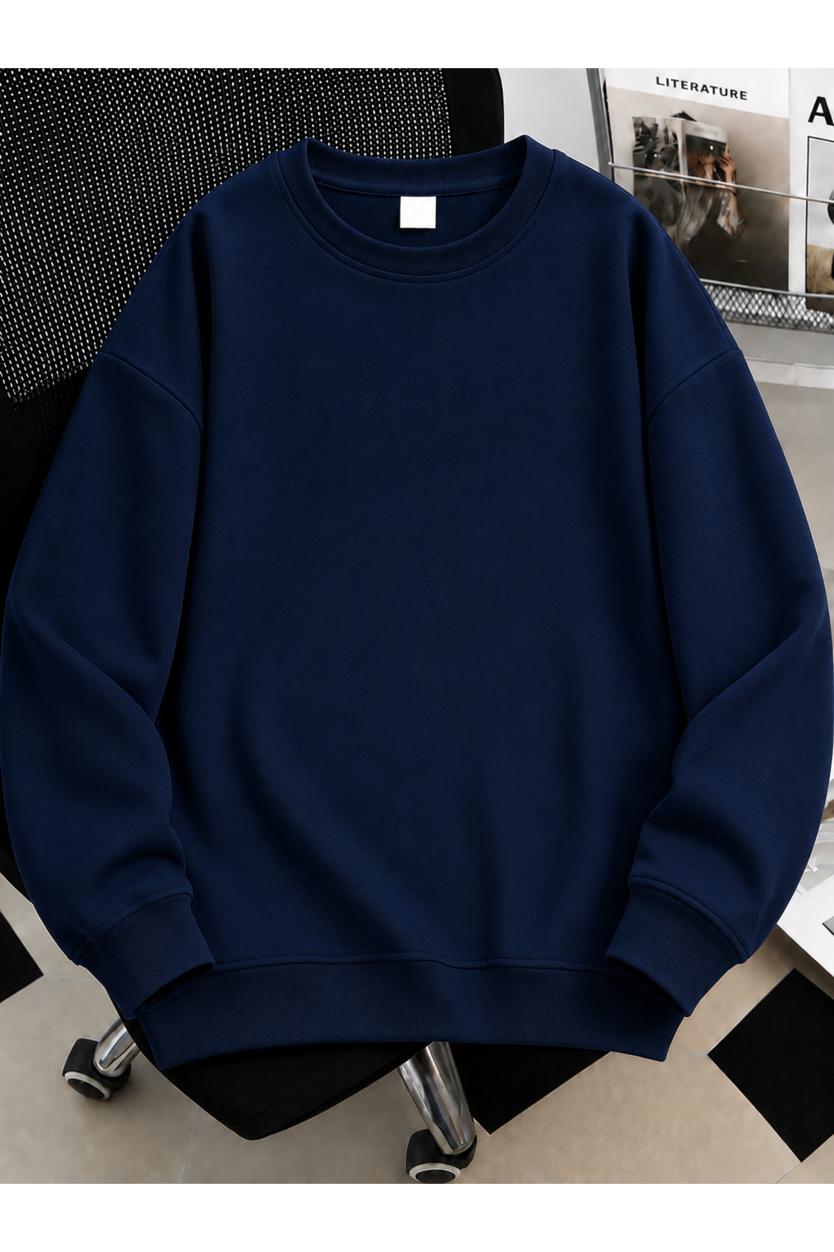 Revasser Unisex Kadın/Erkek Düz Renkli Baskısız Oversize Bisiklet Yaka Pamuklu Sweatshirt