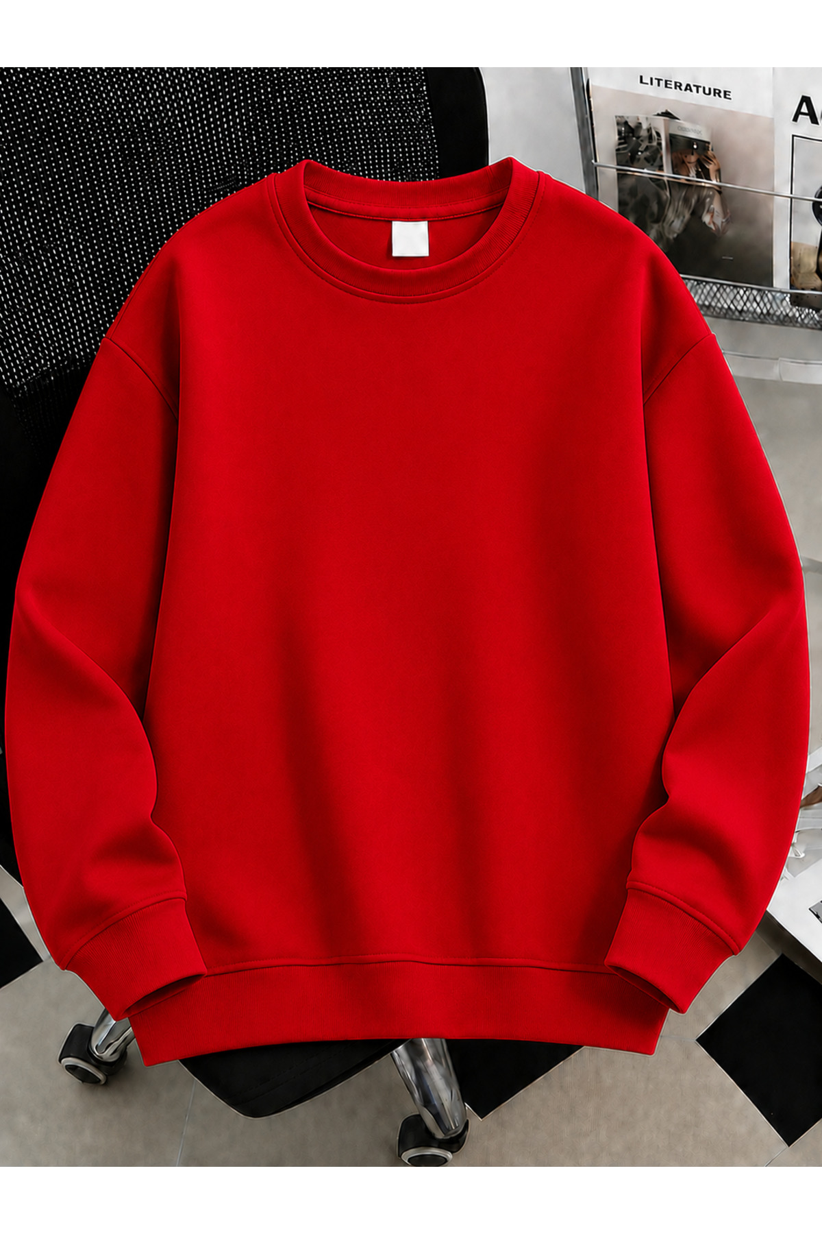 Revasser Unisex Kadın/Erkek Düz Renkli Baskısız Oversize Bisiklet Yaka Pamuklu Sweatshirt