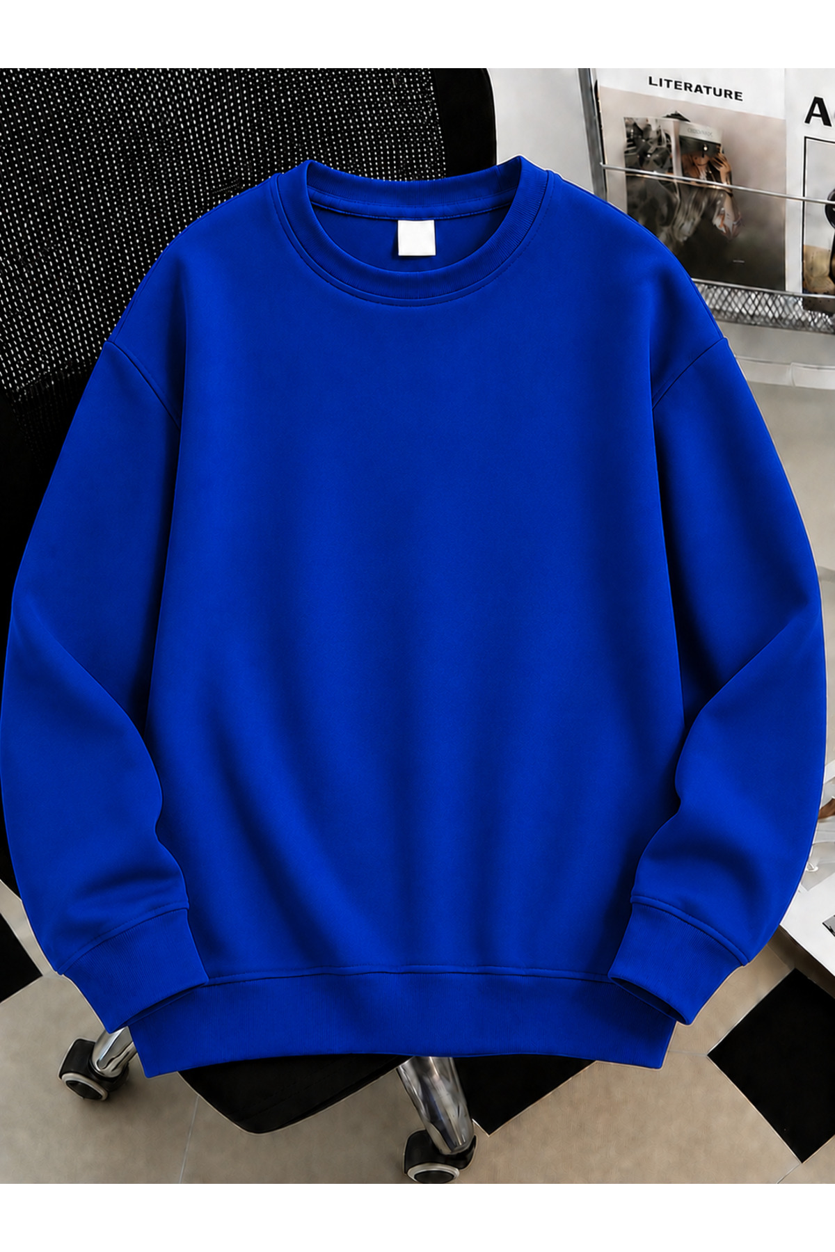 Unisex Kadın/Erkek Düz Renkli Baskısız Oversize Bisiklet Yaka Pamuklu Sweatshirt — آبی DÜZ-BASKISIZ-MAVİSS-