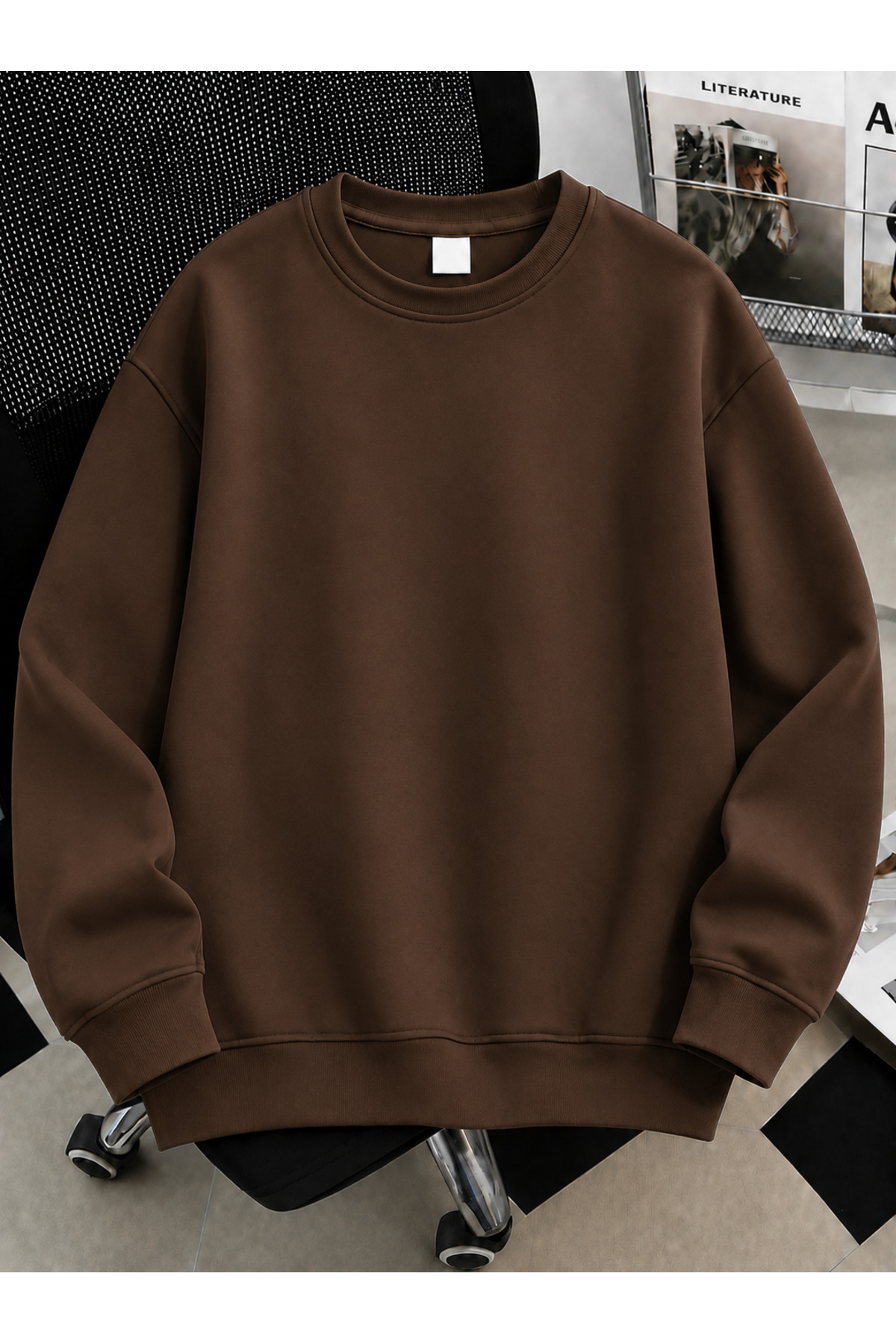 Unisex Kadın/Erkek Düz Renkli Baskısız Oversize Bisiklet Yaka Pamuklu Sweatshirt — قهوه‌ای DÜZ-BASKISIZ-MAVİSS-