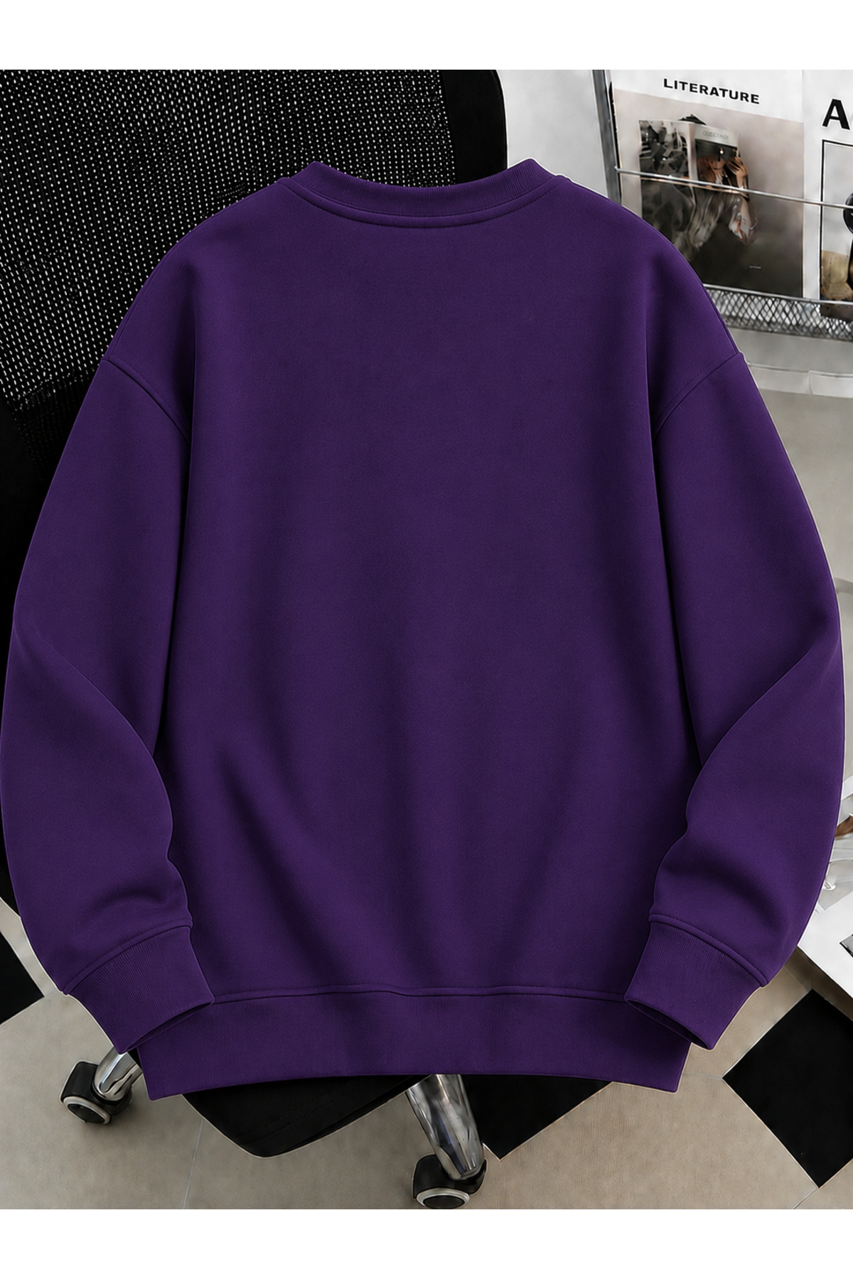 Revasser Unisex Kadın/Erkek Düz Renkli Baskısız Oversize Bisiklet Yaka Pamuklu Sweatshirt görsel 2