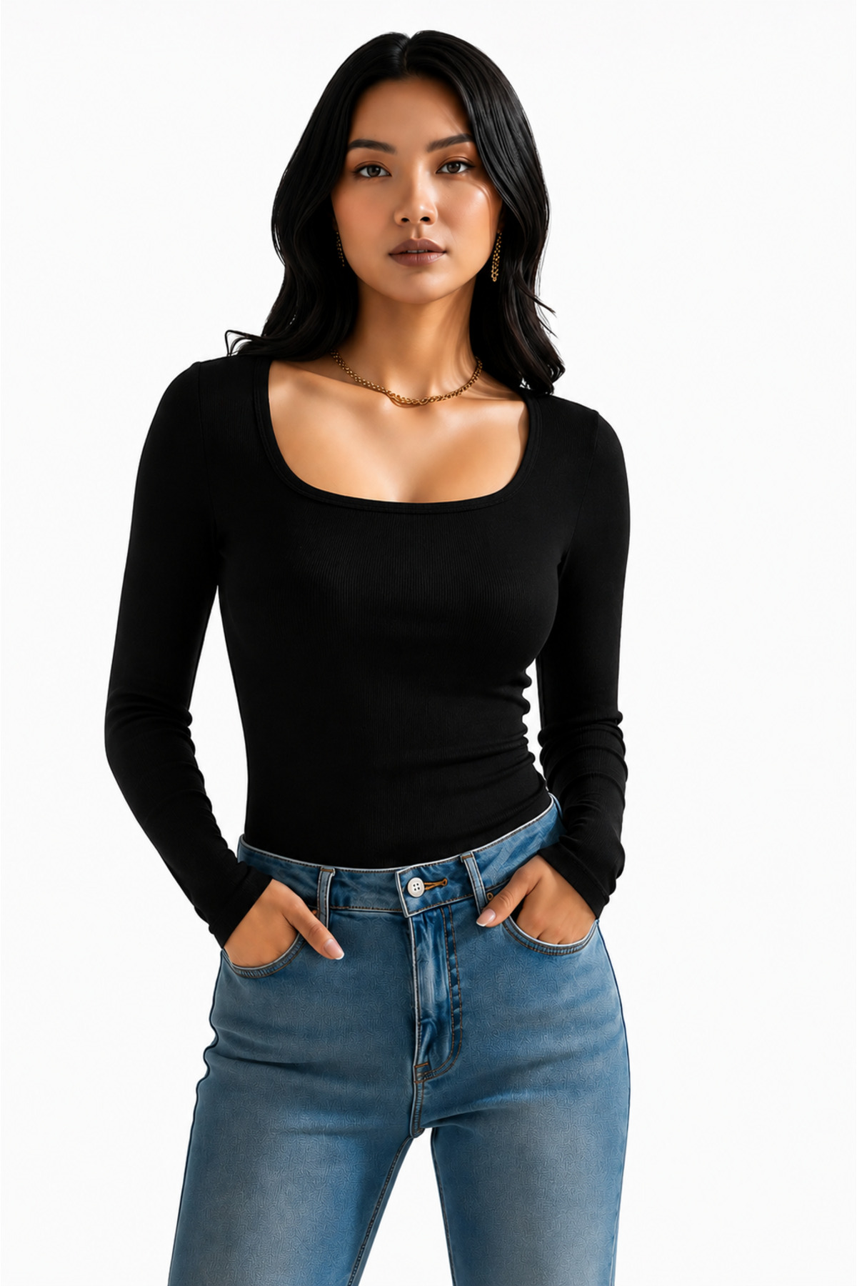 RİEMA 3'lü Set U Yaka Uzun Kollu Fitilli Pamuk Bluz T-shirt görsel 3