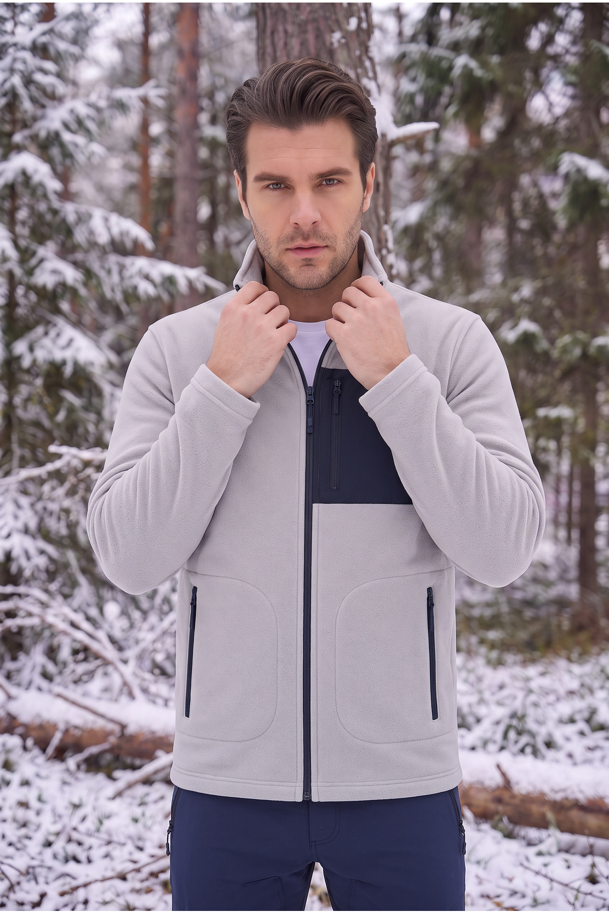 Erkek Gri Polar Ceket Fermuarlı Dik Yaka Kışlık Kalın Polar Sweatshirt Outdoor — خاکستری E0500