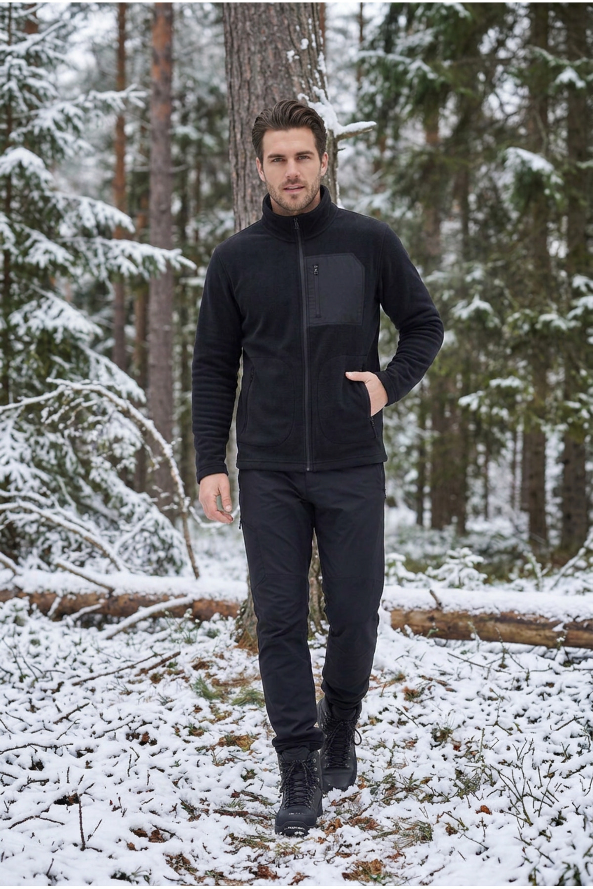 Erkek Siyah Polar Ceket Fermuarlı Dik Yaka Kışlık Kalın Polar Sweatshirt Outdoor — مشکی E0500 — تصویر 6 از 6