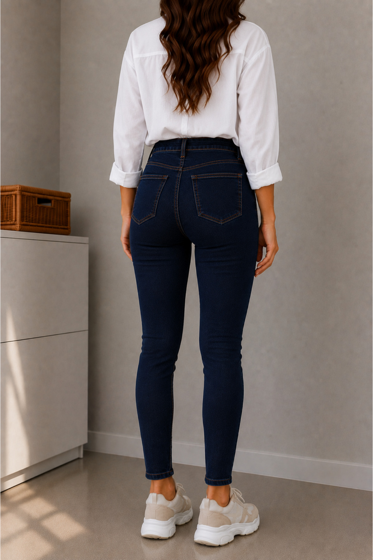 DELDNM Wild Kadın Lacivert Yüksek Bel Likralı Dar Paça Jean Skinny Kot Pantolon görsel 5