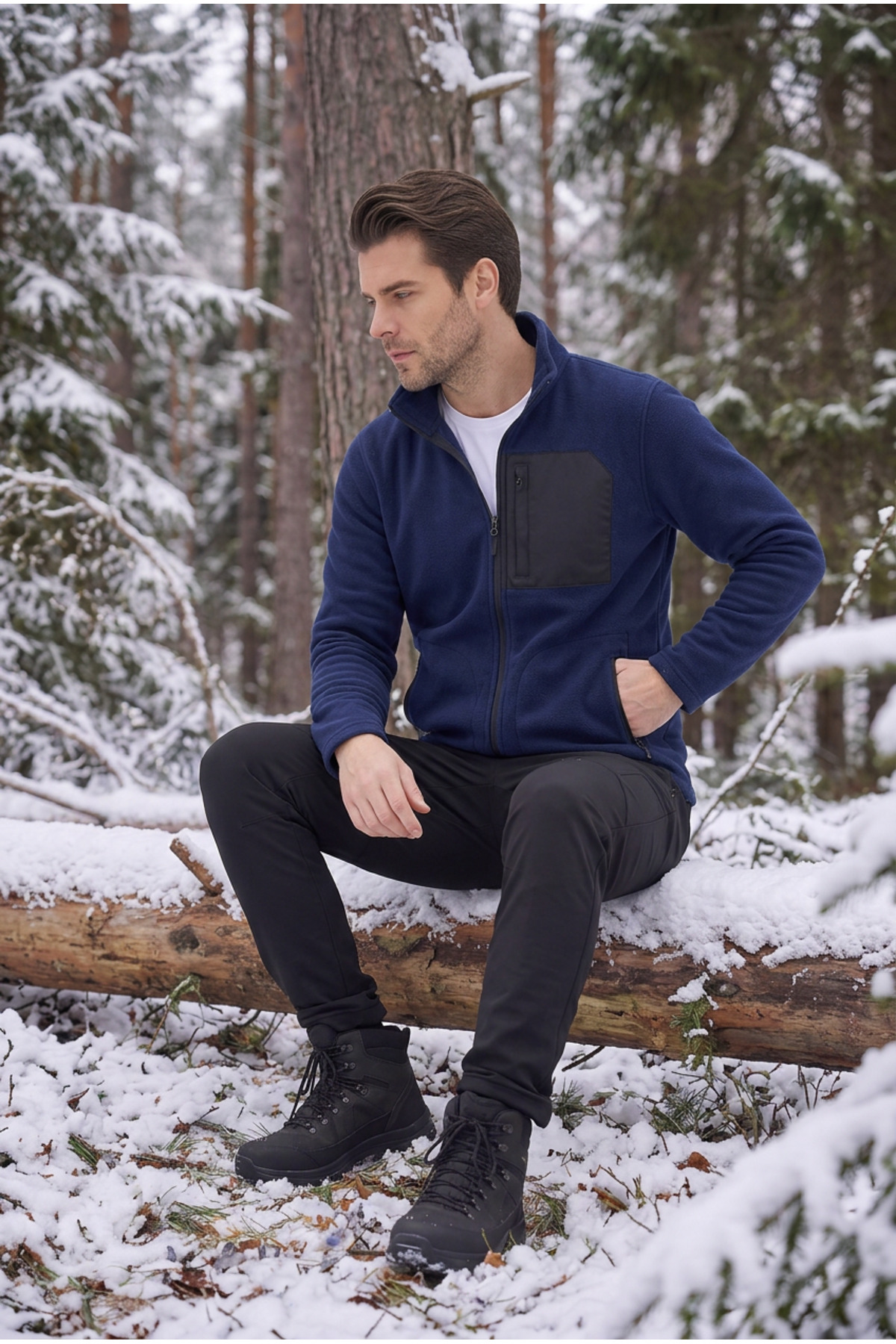 ASHEY Erkek Lacivert Polar Ceket Fermuarlı Dik Yaka Kışlık Kalın Polar Sweatshirt Outdoor görsel 5