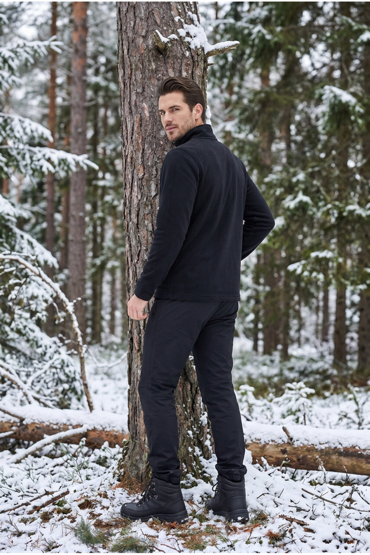 Erkek Siyah Polar Ceket Fermuarlı Dik Yaka Kışlık Kalın Polar Sweatshirt Outdoor — مشکی E0500 — تصویر 4 از 6