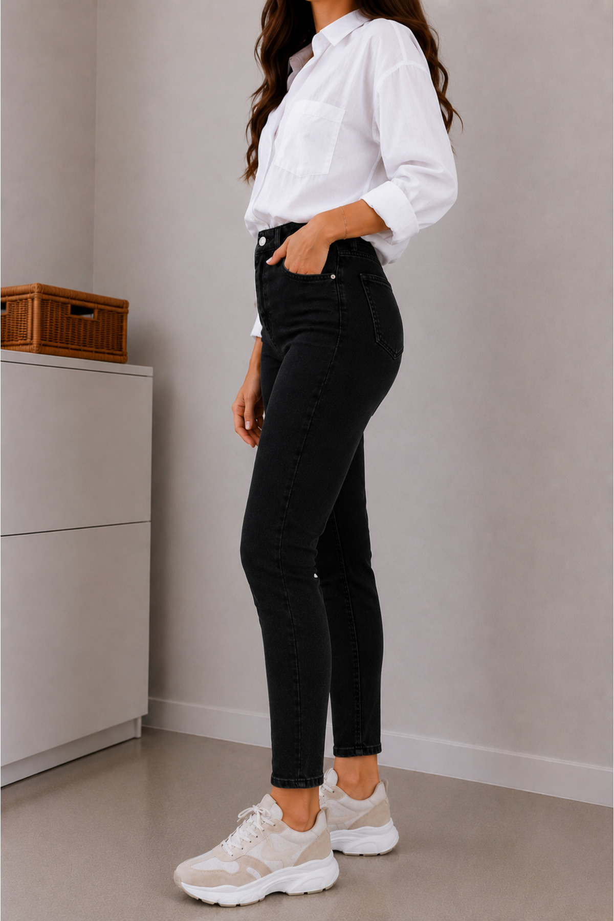 DELDNM Wild Kadın Siyah Yüksek Bel Likralı Dar Paça Jean Skinny Kot Pantolon görsel 3