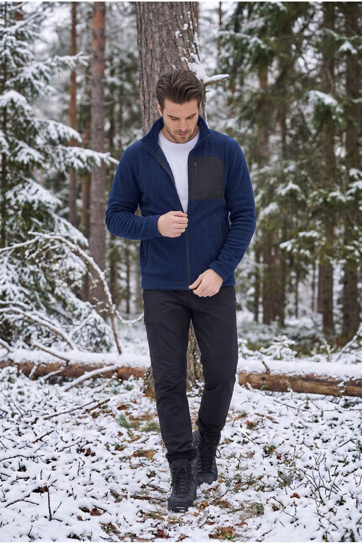 ASHEY Erkek Lacivert Polar Ceket Fermuarlı Dik Yaka Kışlık Kalın Polar Sweatshirt Outdoor