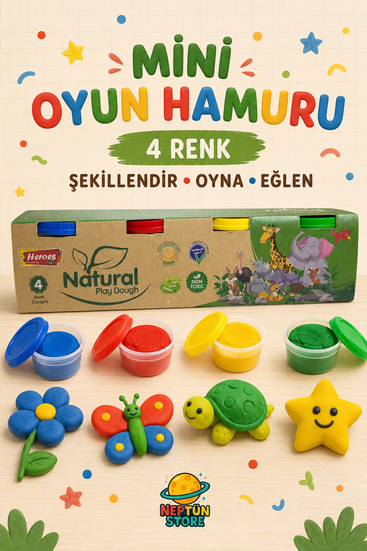 neptünstore Heroes Natural Doğal Mini Oyun Hamuru 4 Renk – Eğitici ve Eğlenceli Oyun Hamuru