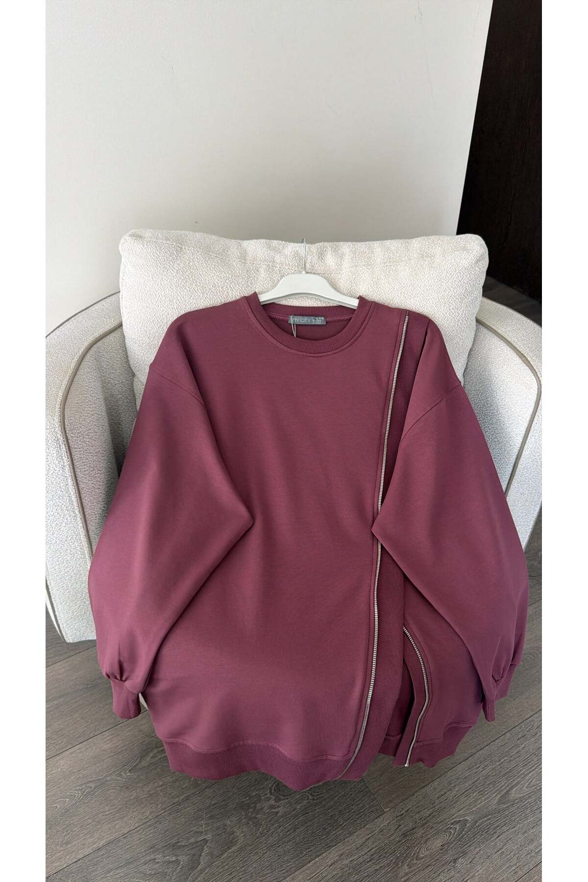 nizzell Oversize Sweatshirt Kadın - 75 cm Uzun Boy Asimetrik Fermuarlı Salaş Sweet Tunik görsel 5