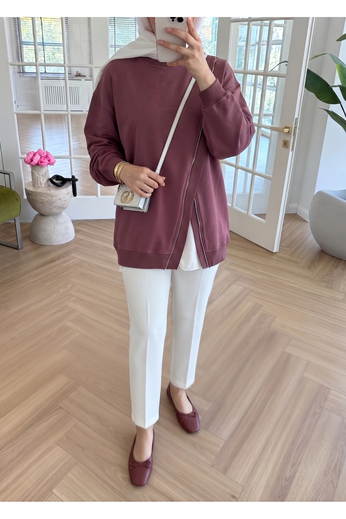 nizzell Oversize Sweatshirt Kadın - 75 cm Uzun Boy Asimetrik Fermuarlı Salaş Sweet Tunik görsel 2