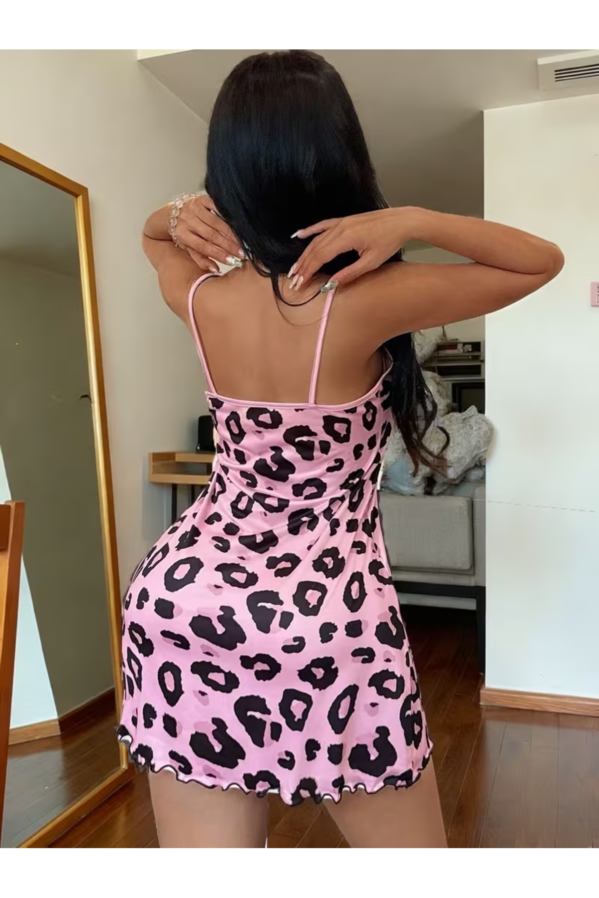 laseni underwear Kadın Pembe Leopar Desenli Fiyonk Detaylı Gecelik görsel 3