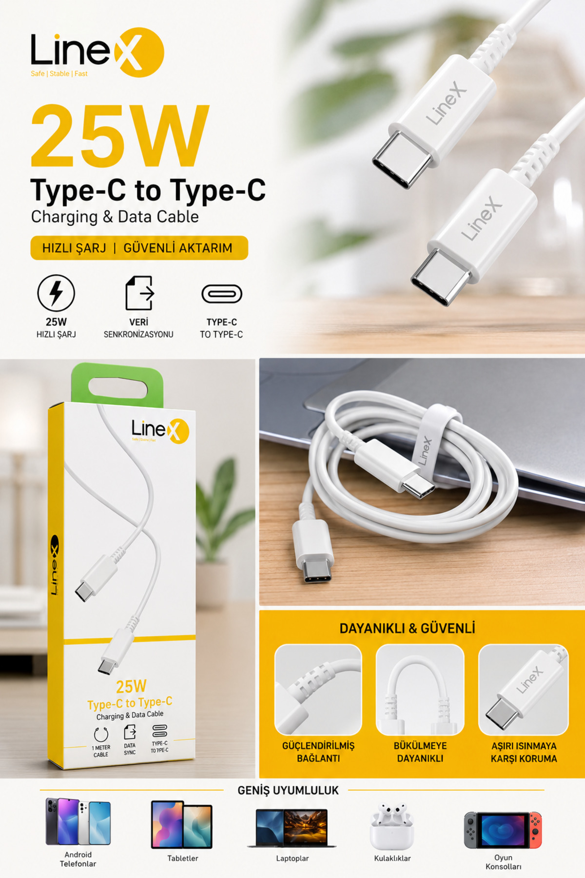 کابل شارژ سریع و دیتا ۱ متر ۲۵ وات Type-C به Type-C – کابل شارژ سریع USB-C مناسب برای تلفن و تبلت