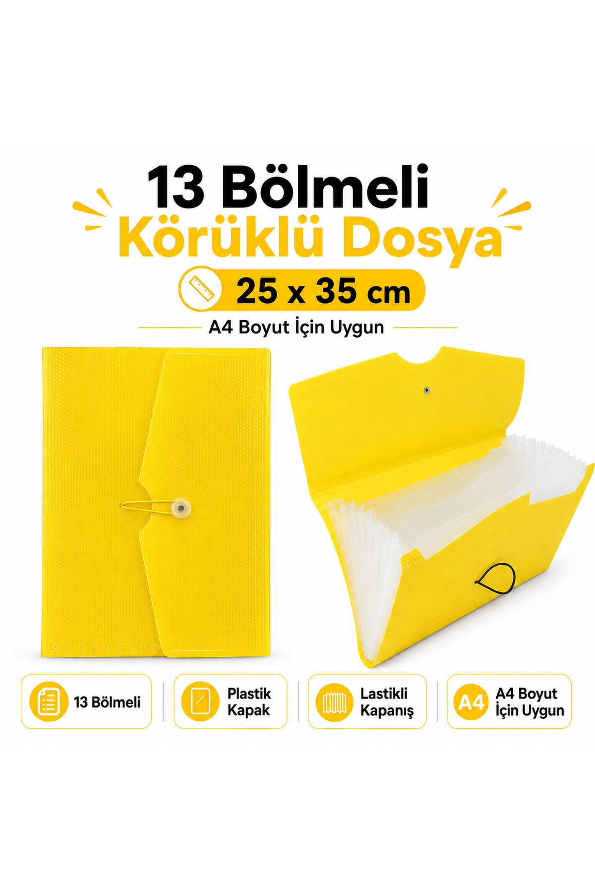 FLY COLOR 13 Bölmeli Körüklü Sunum Dosyası Lastikli Sarı