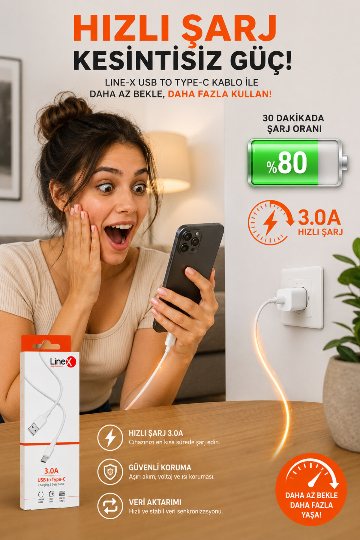 کابل شارژ سریع USB به Type-C 3.0A یک متری – کابل انتقال داده Type C و کابل شارژ مقاوم برای تلفن
