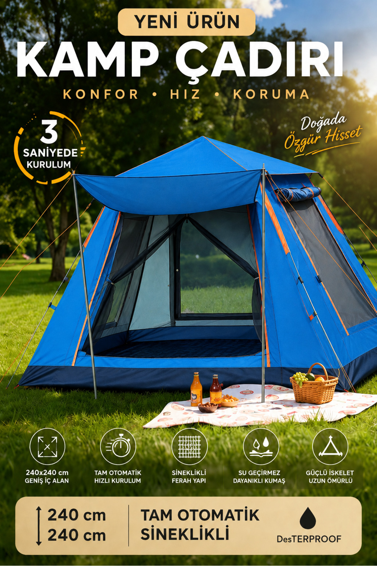 HEJARON Çadır Tam Otomatik Kamp Çadırı 240x240 cm 3 Saniyede Kurulum Su Geçirmez Sineklikli Geniş Çadır Outdoor 6637 Mavi Auhm