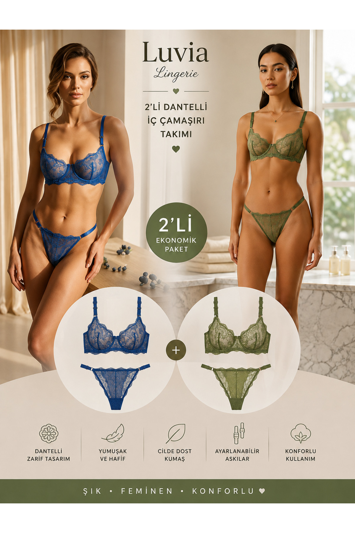 Luvia Lingerie Kadın Lacivert & Yeşil Dantelli 2’li Sütyen Külot İç Çamaşırı Takımı