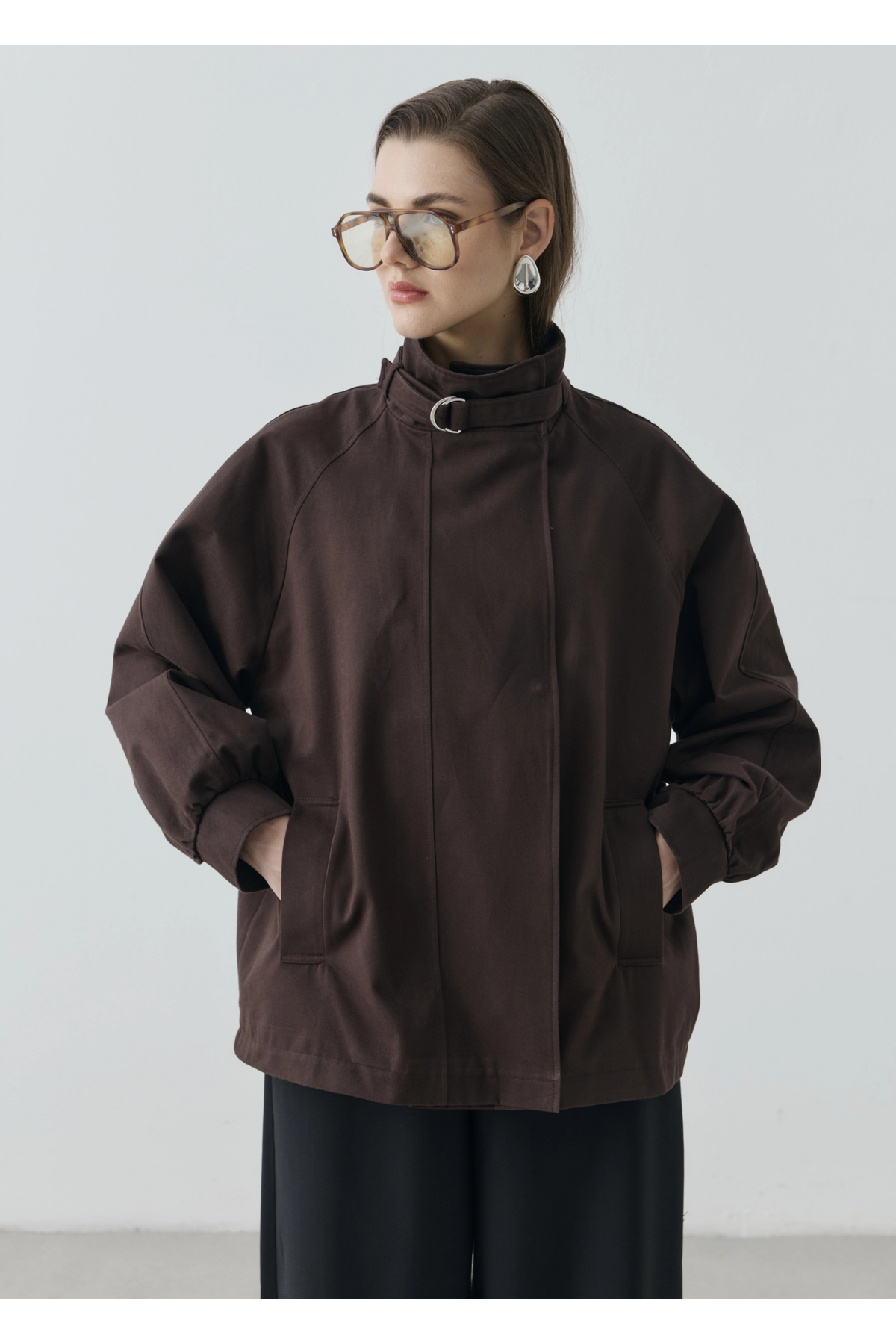 MODA AKSA 7757 WİA KŞKLI DİK YAKA TRENÇ KAHVE görsel 7