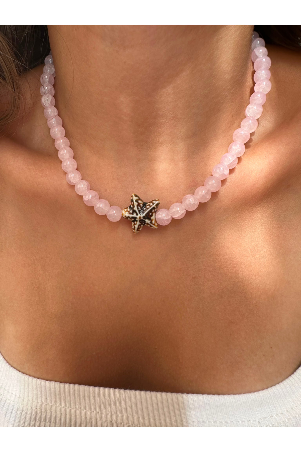Siyah Deniz Yıldızı Charm Pembe Renk Yazlık Boncuk Kadın Kolye - Detay Görseli 1