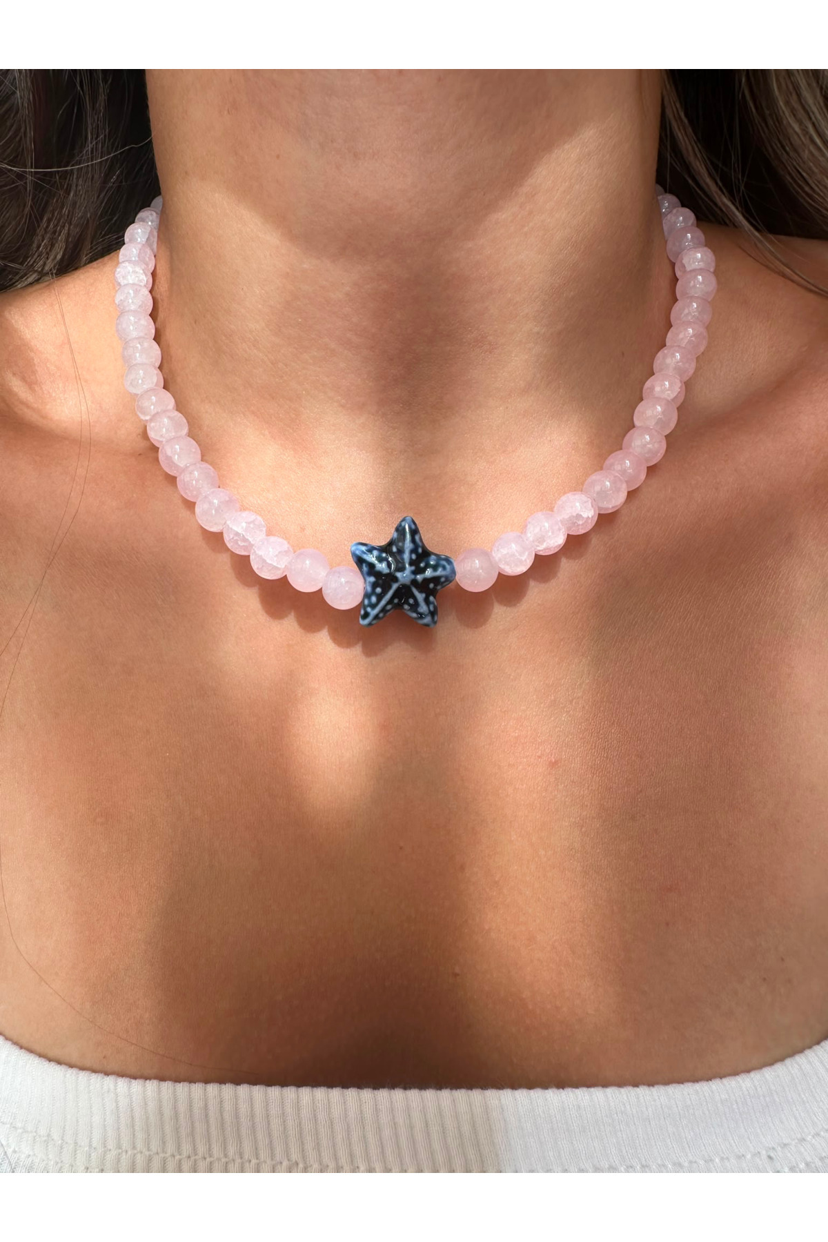 Mavi Deniz Yıldızı Charm Pembe Renk Yazlık Boncuk Kadın Kolye - Detay Görseli 1