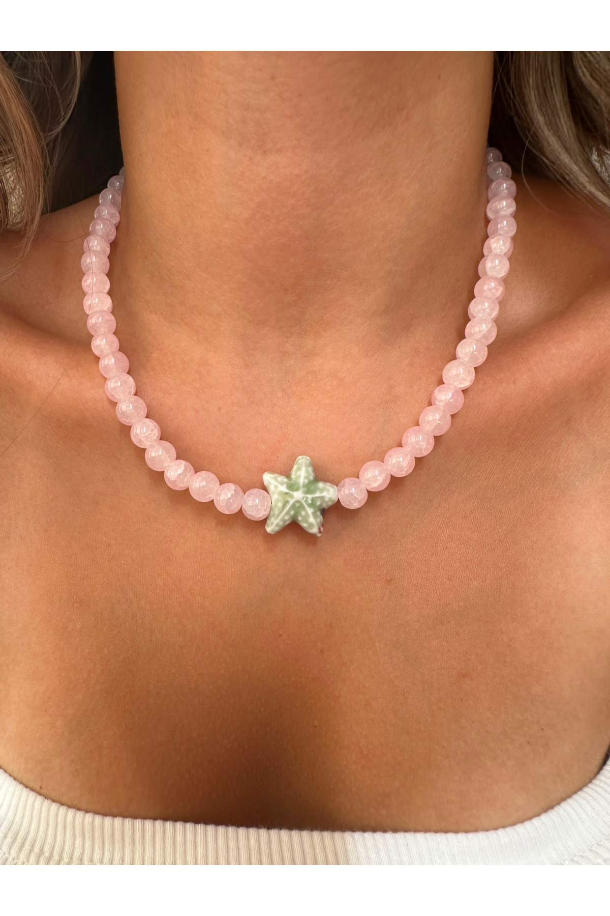 Yeşil Deniz Yıldızı Charm Pembe Renk Yazlık Boncuk Kadın Kolye - Detay Görseli 1