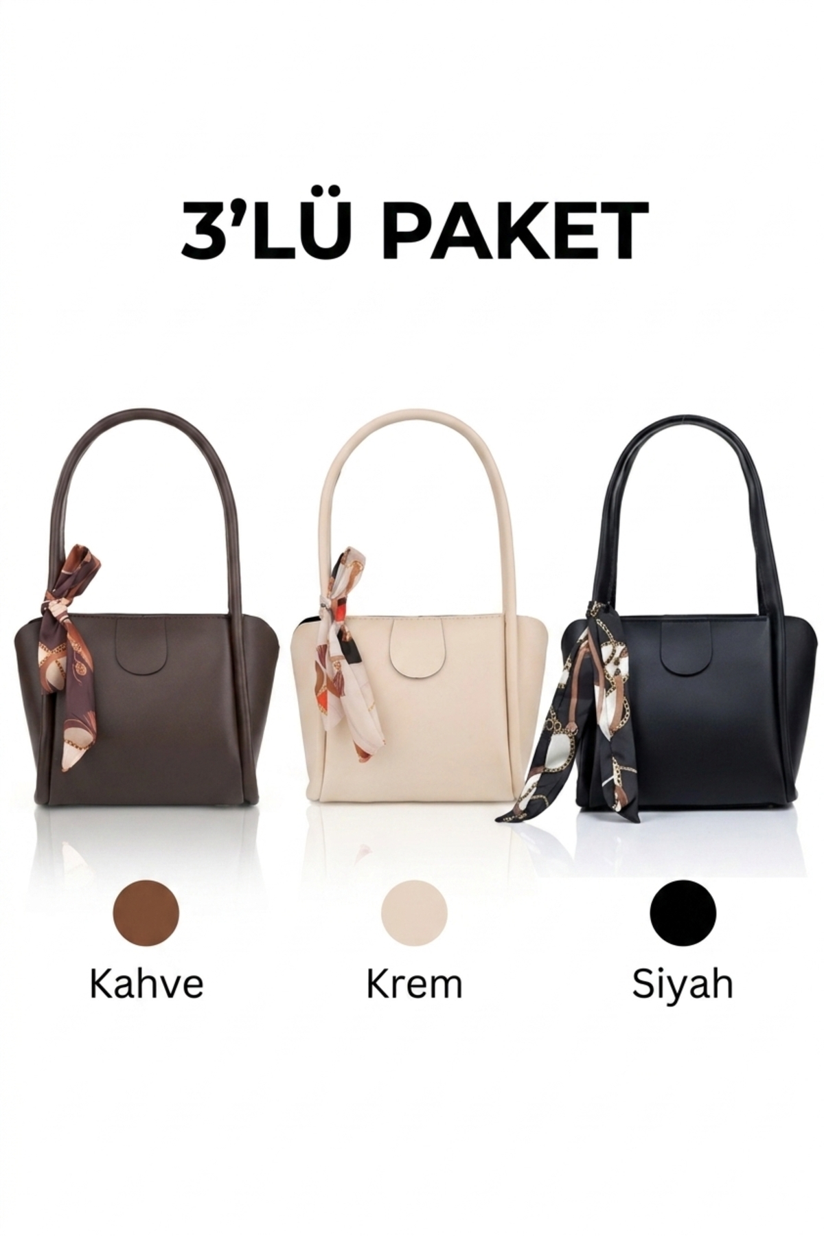 MYSTOBAG 3'LÜ PAKET KAHVE,KREM,SİYAH Kadın Fularlı Fermuar Kapamalı Shopper El Ve Omuz Çantası