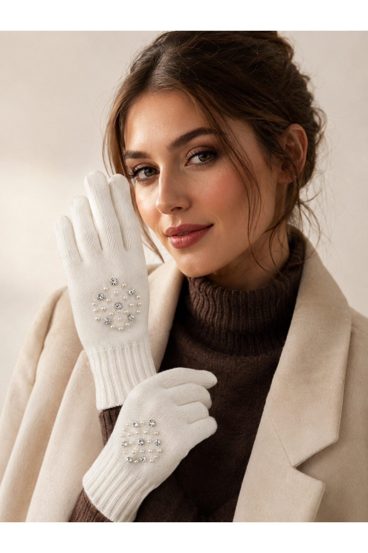 Luminos Butik Beyaz Taş Detaylı Triko Uzun Kışlık Eldiven ELD60 görsel 3
