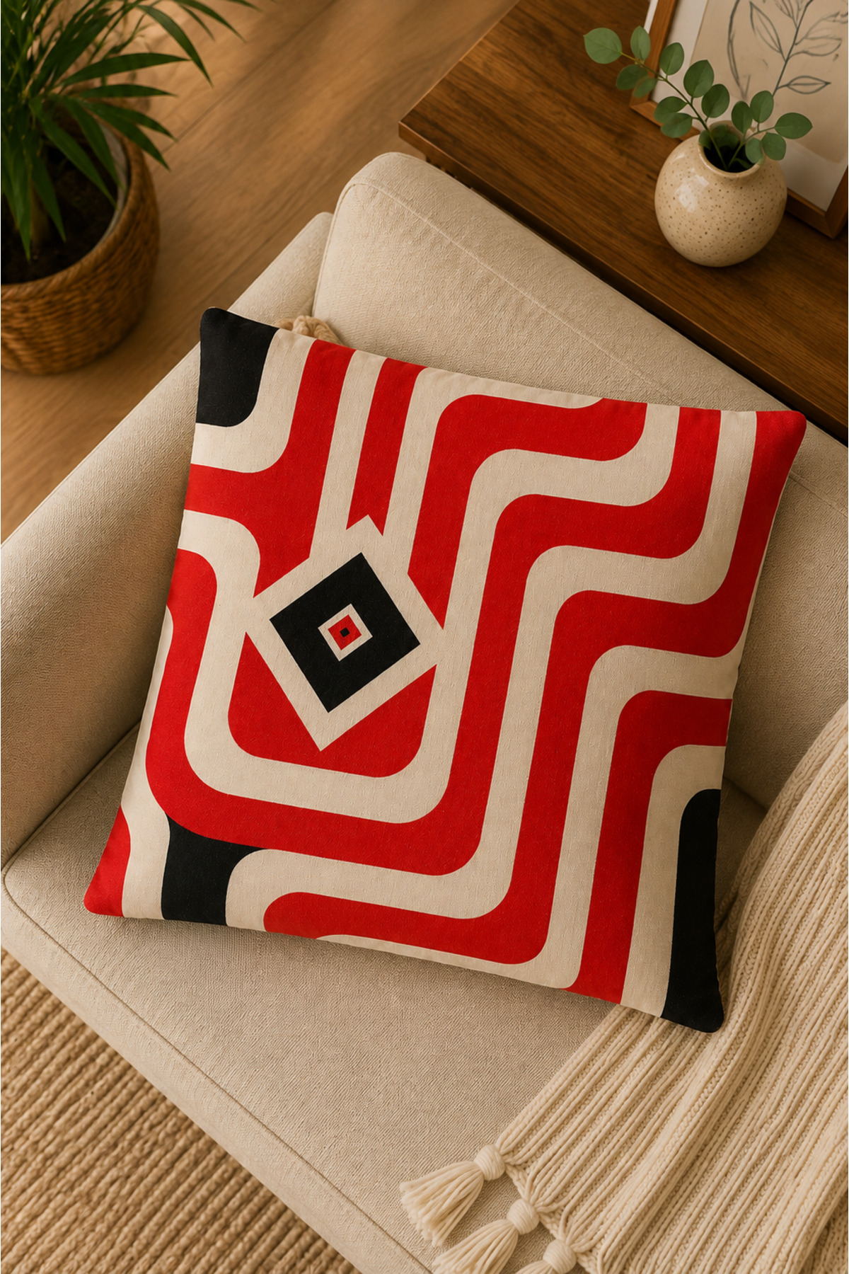 Dijital Baskılı Dekoratif Kırlent Kılıfı 43x43 cm – Modern Desenli Keten Dokulu