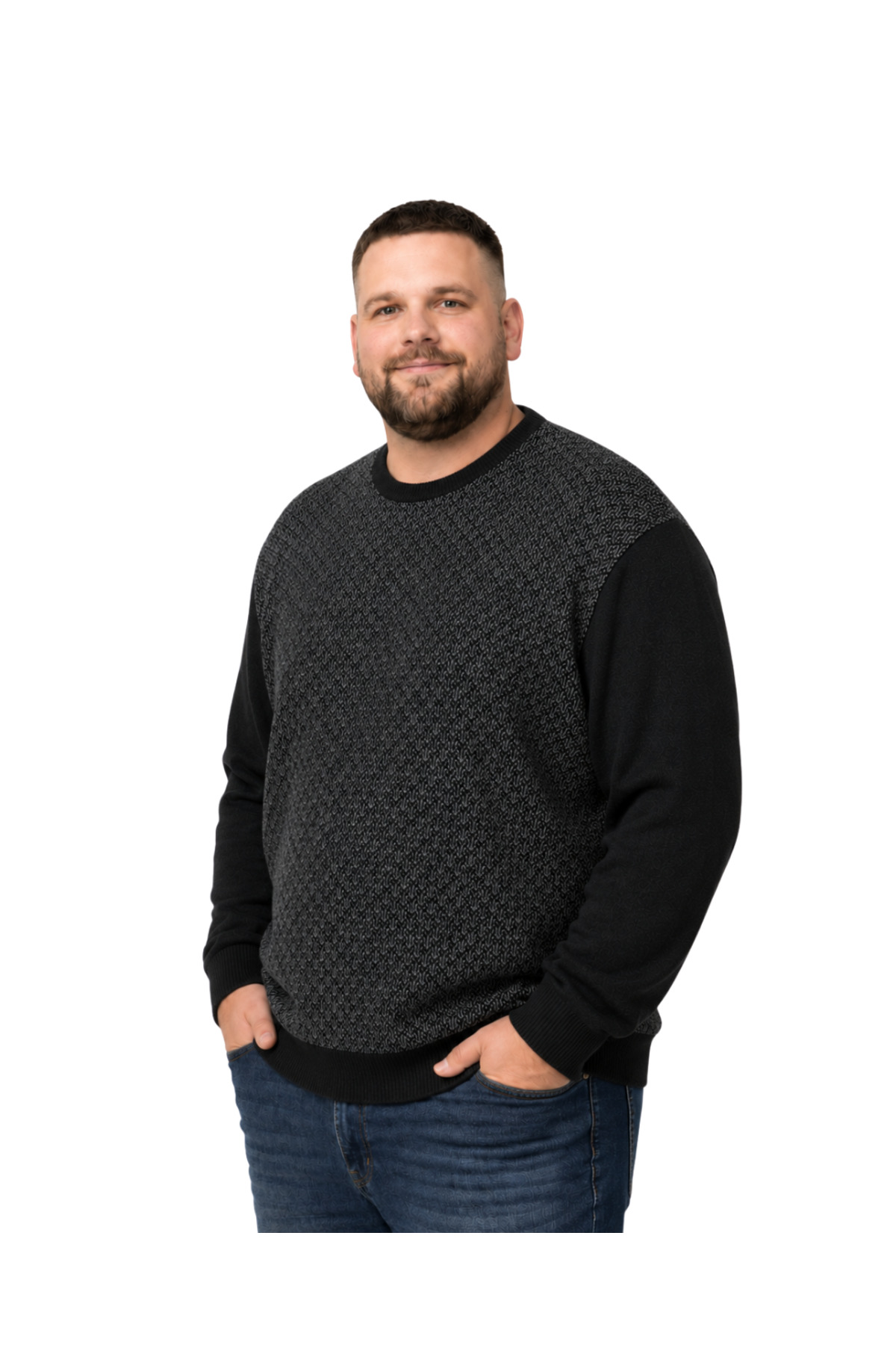 BattalModa Erkek Büyük Beden Siyah Bisiklet Yaka Motif Triko Kazak 3XL-4XL-5XL-6XL görsel 2