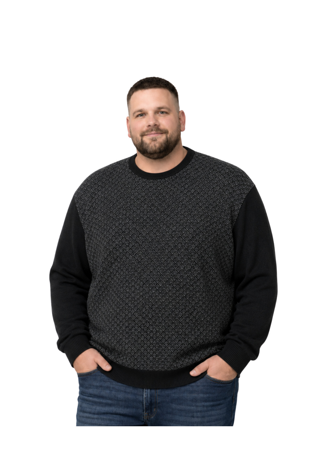 BattalModa Erkek Büyük Beden Siyah Bisiklet Yaka Motif Triko Kazak 3XL-4XL-5XL-6XL