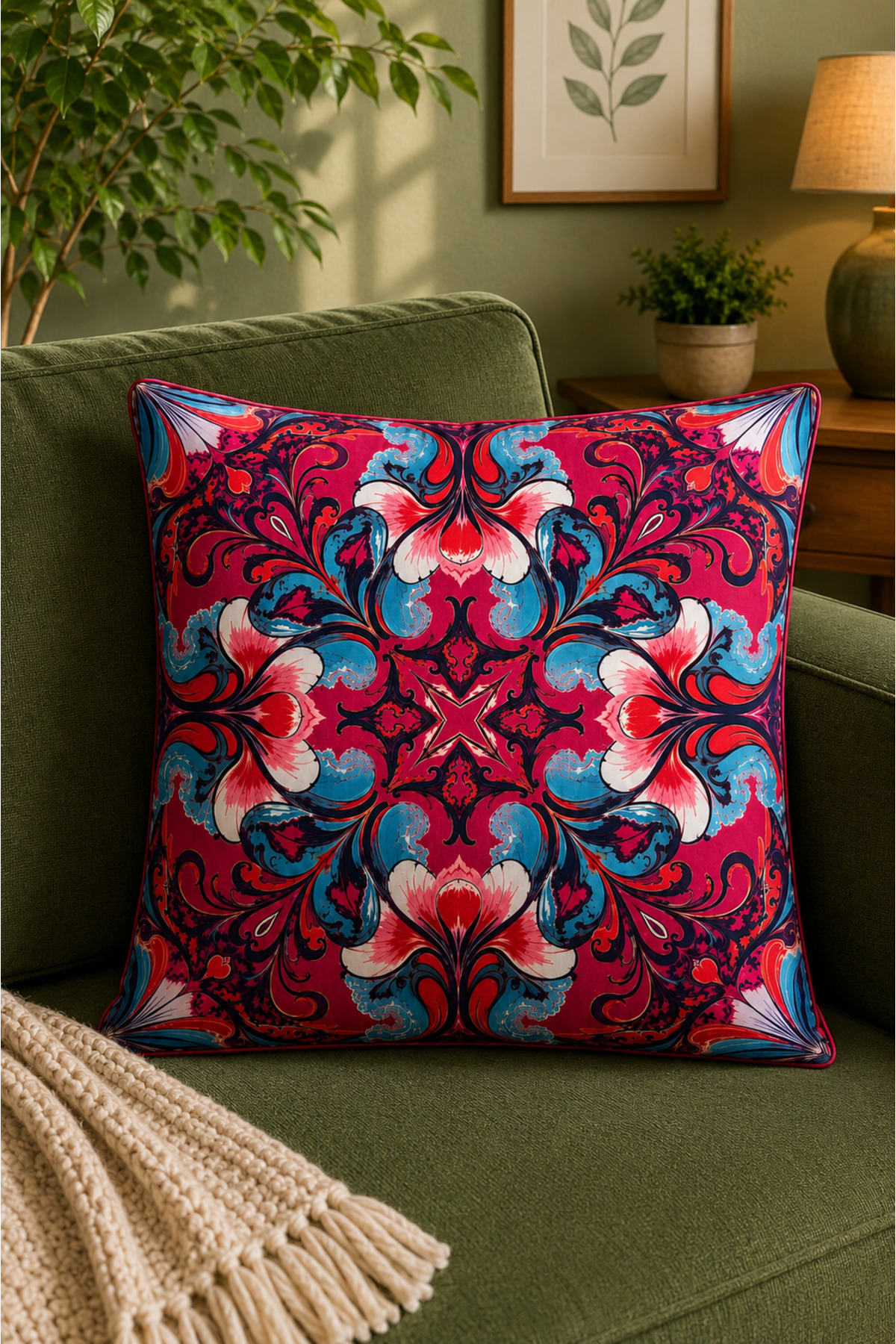Dijital Baskılı Dekoratif Kırlent Kılıfı 43x43 cm – Modern Desenli Keten Dokulu