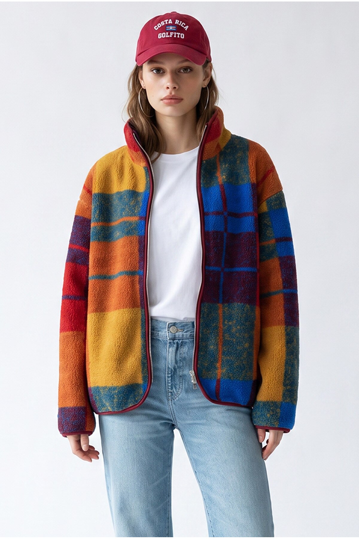 Mixray 4981 Kadın Retro Ekose Desenli Cepli Yumuşak Dokulu Polar Sweatshirt görsel 3