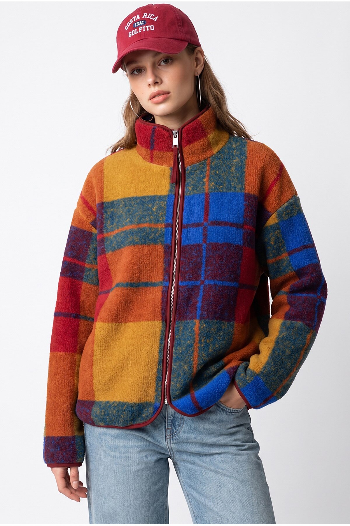 Mixray 4981 Kadın Retro Ekose Desenli Cepli Yumuşak Dokulu Polar Sweatshirt görsel 5