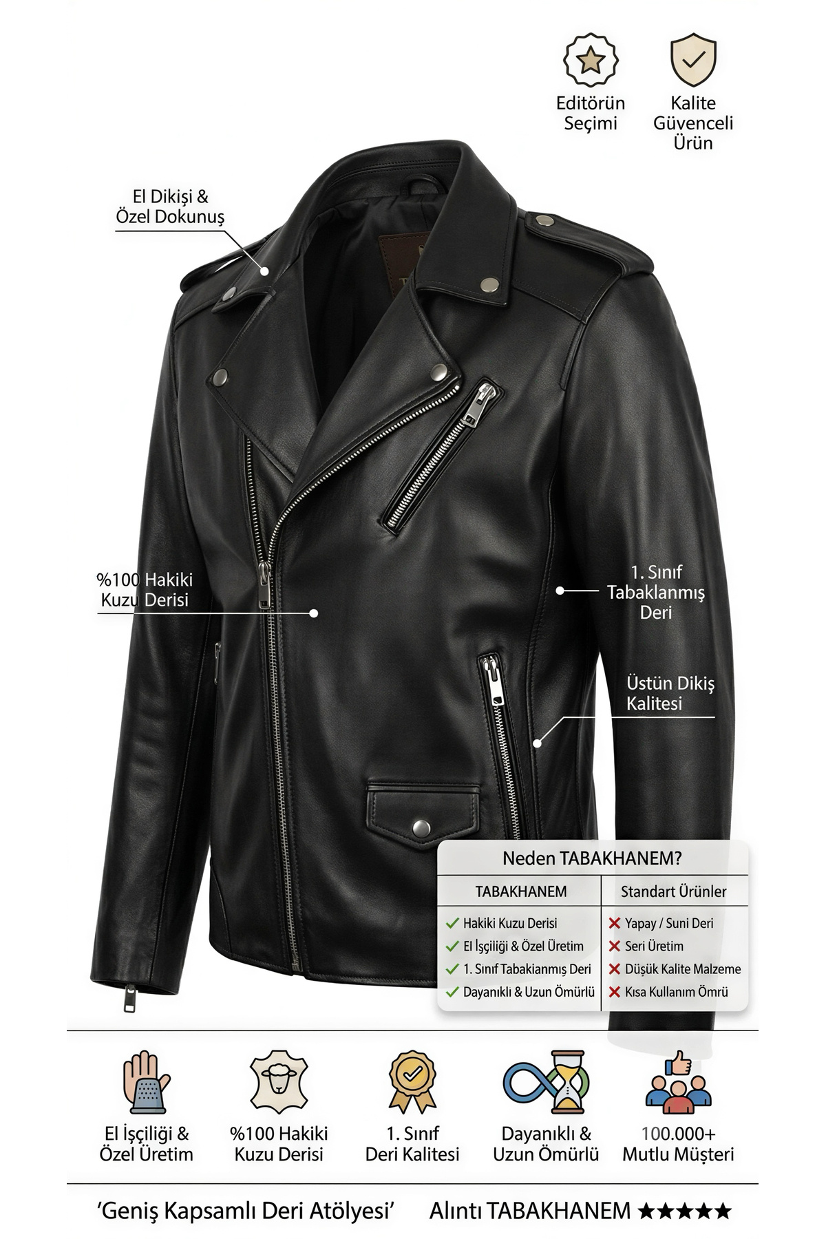 TABAKHANEM %100 Hakiki Kuzu Derisi Erkek Slim Fit Biker Ceket görsel 5