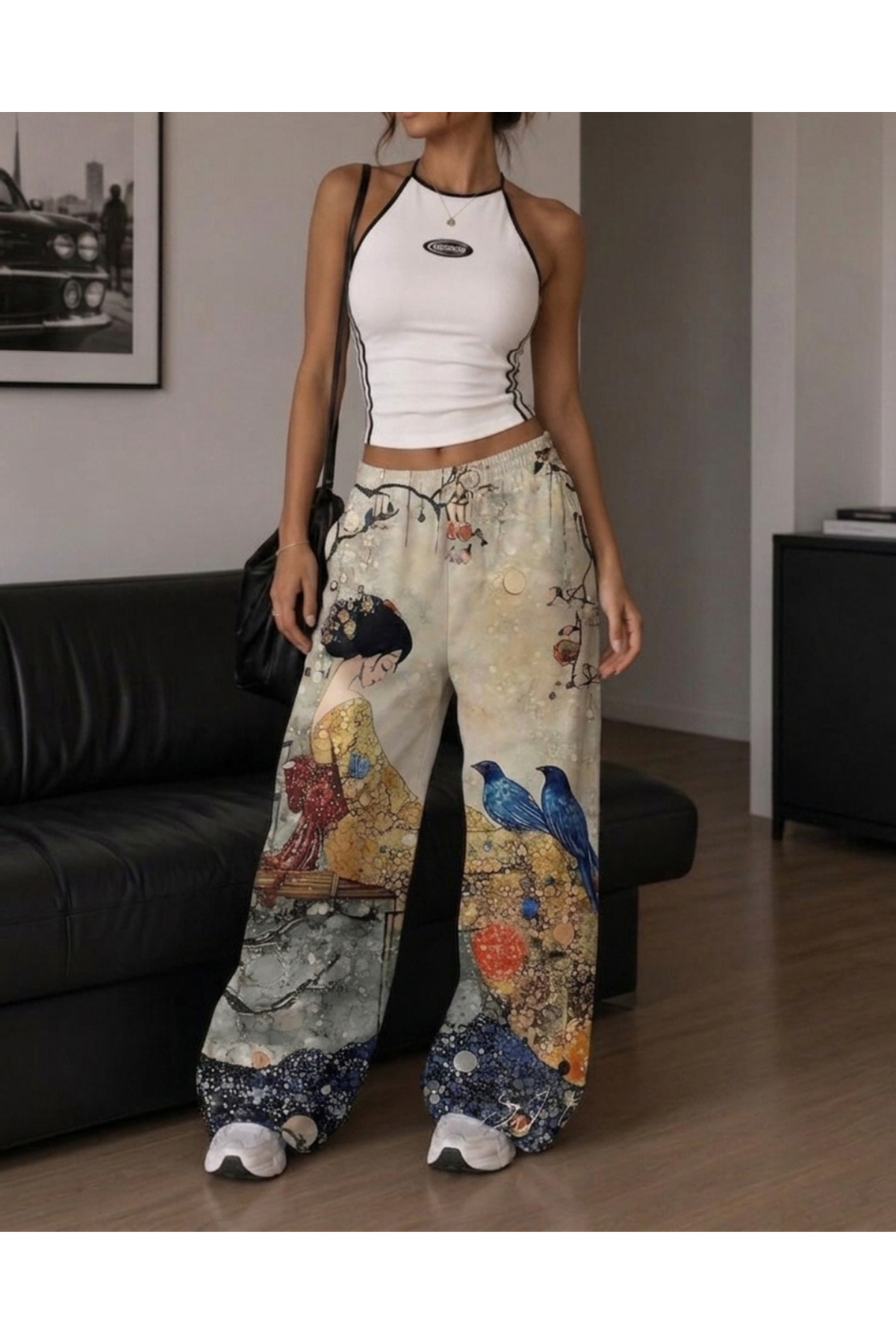 Toum Japon Geisha & Bird Printed Unisex Baggy Eşofman