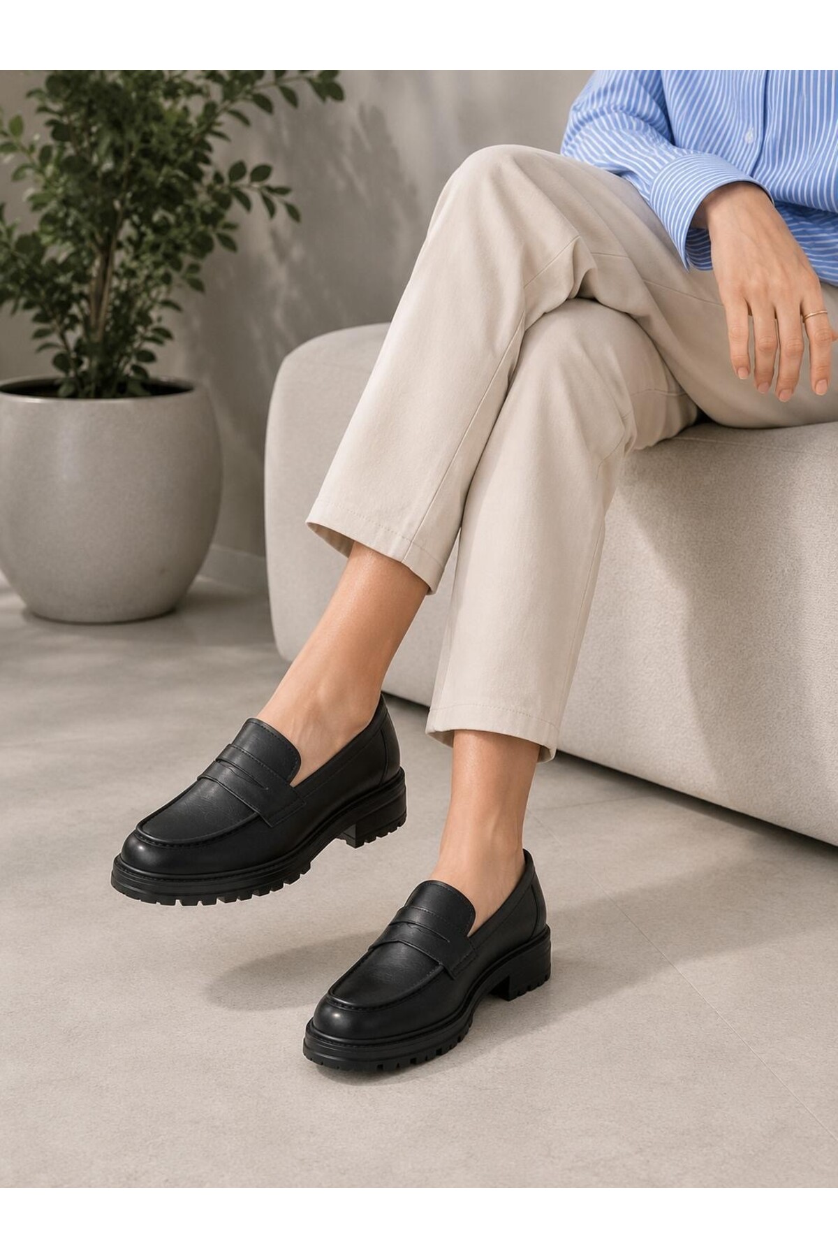 Zenora Shoes Kadın Loafer Makosen Siyah Cilt Kalın Tabanlı Ayakkabı
